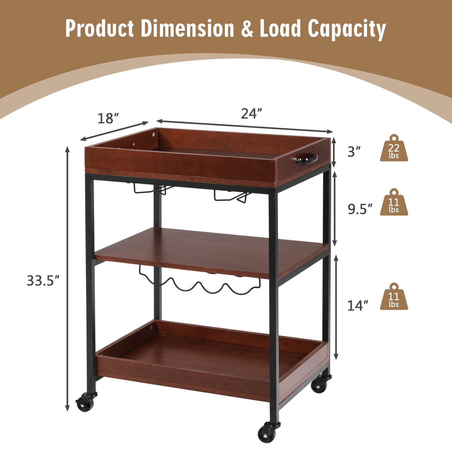 Kitchen Bar Cart with Wine Rack Glass Holder and Three Tier Storage Shelves