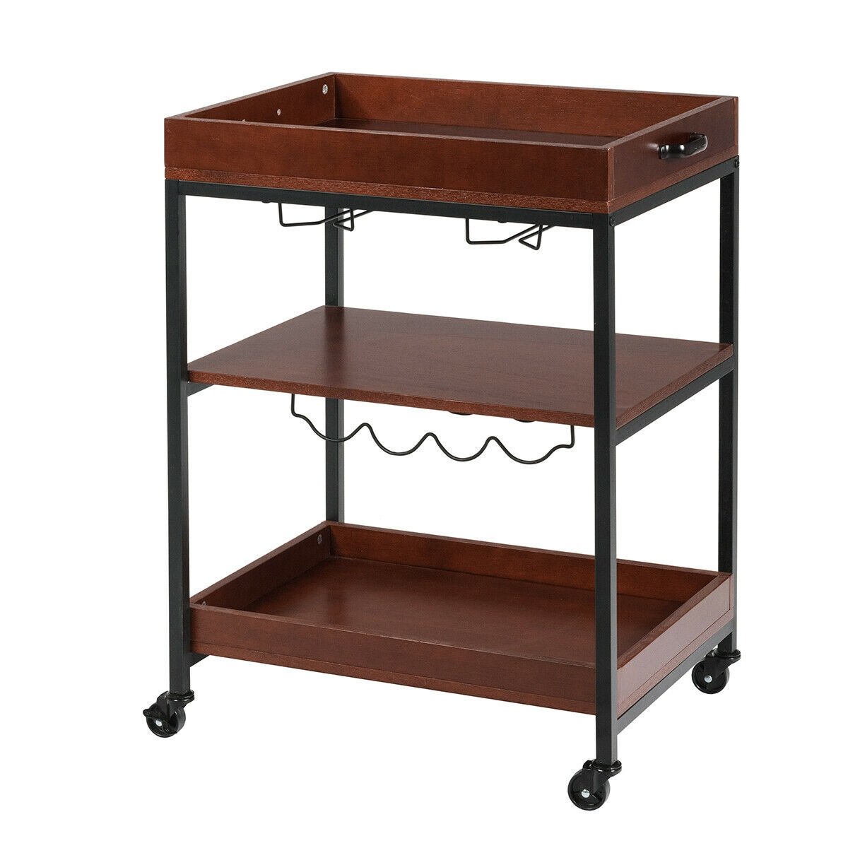 Kitchen Bar Cart with Wine Rack Glass Holder and Three Tier Storage Shelves