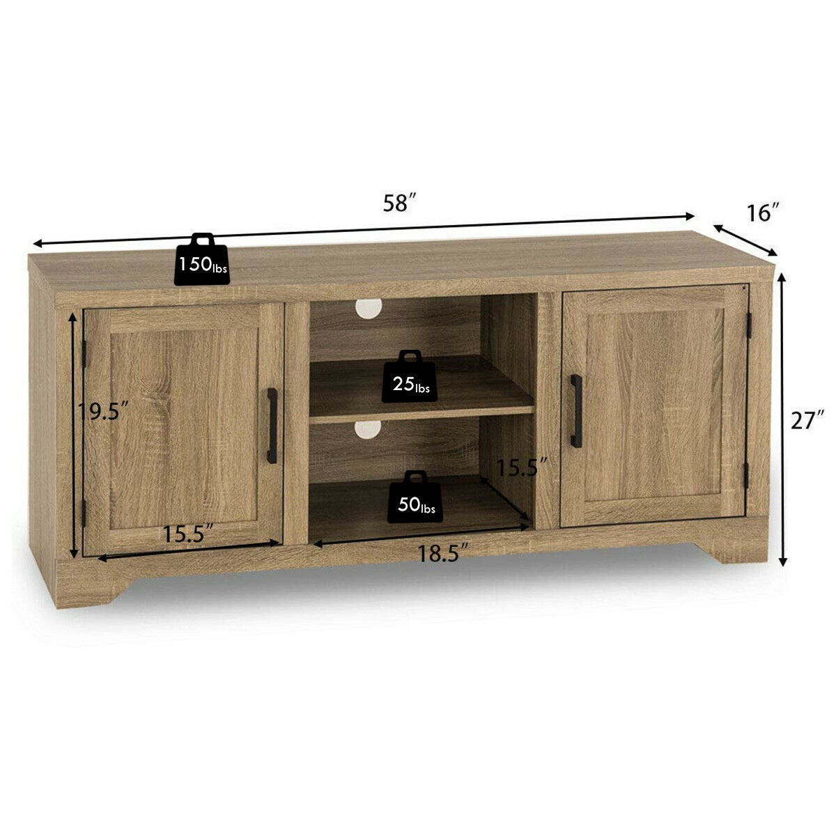 Rustic Farmhouse TV Stand for 60 Inch TVs with Storage Cabinets and Adjustable Shelves