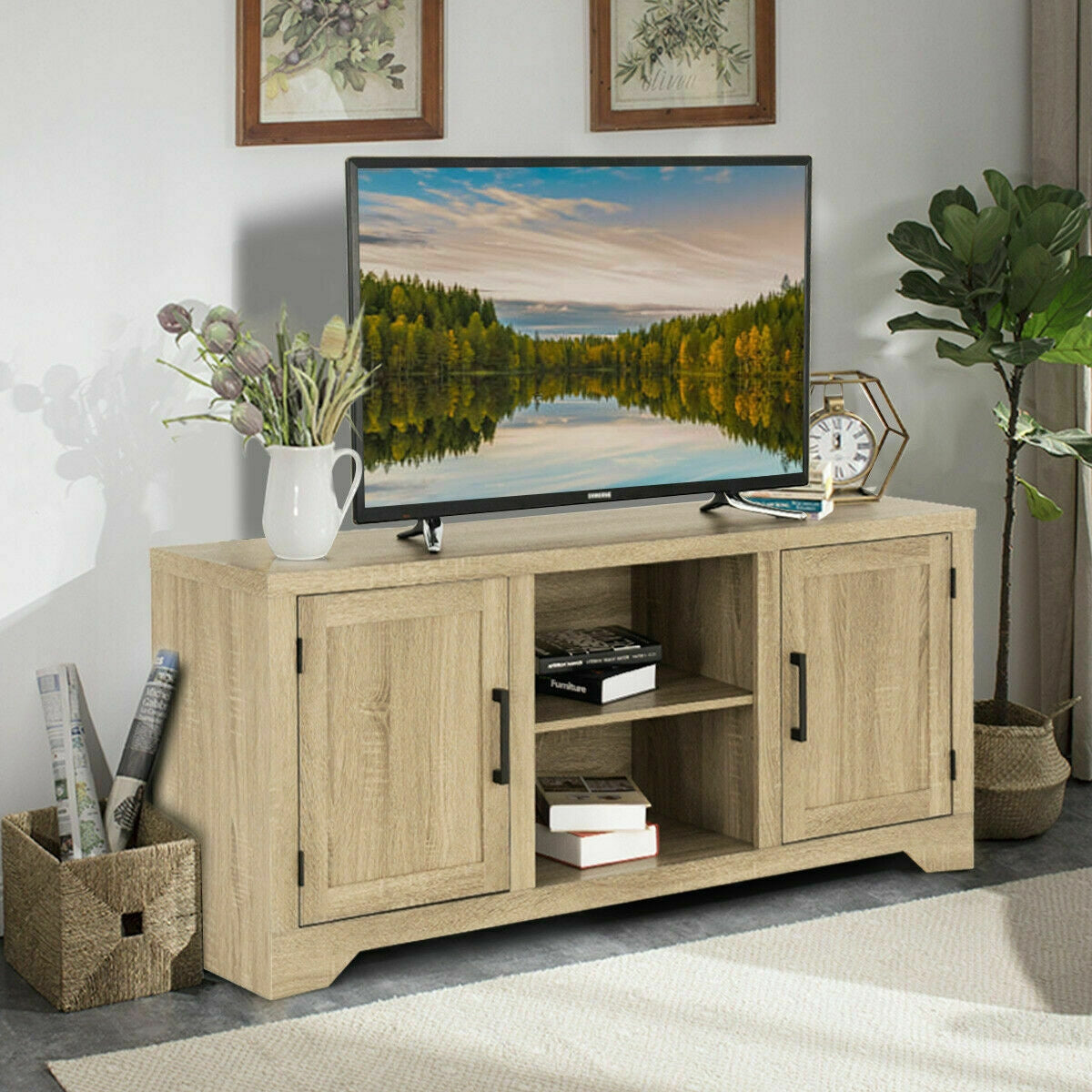 Rustic Farmhouse TV Stand for 60 Inch TVs with Storage Cabinets and Adjustable Shelves