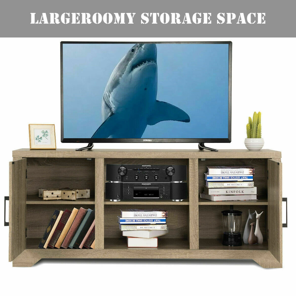 Rustic Farmhouse TV Stand for 60 Inch TVs with Storage Cabinets and Adjustable Shelves