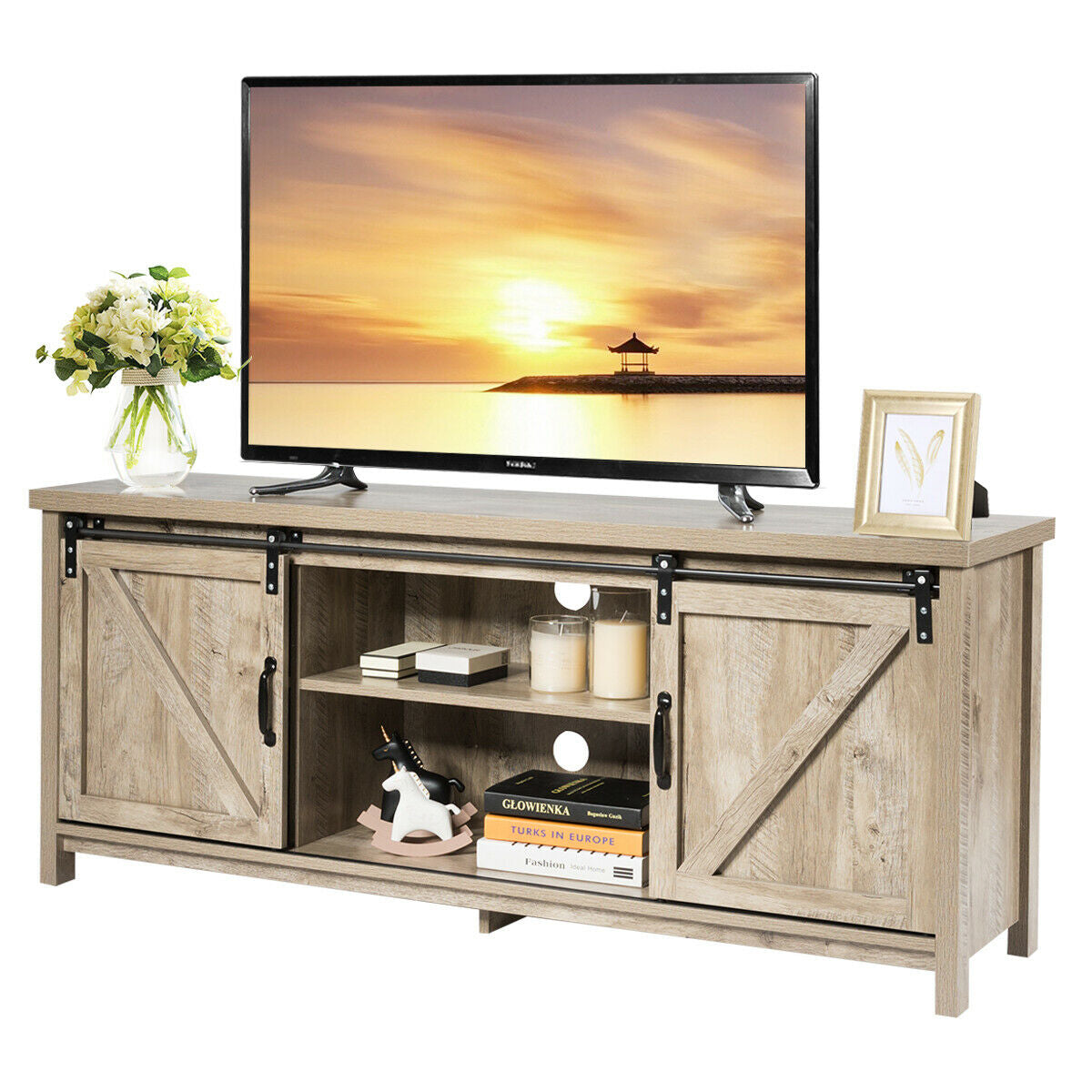 Sliding Barn Door TV Stand and Media Console Cabinet with Storage for TVs up to 65 Inches - Grey