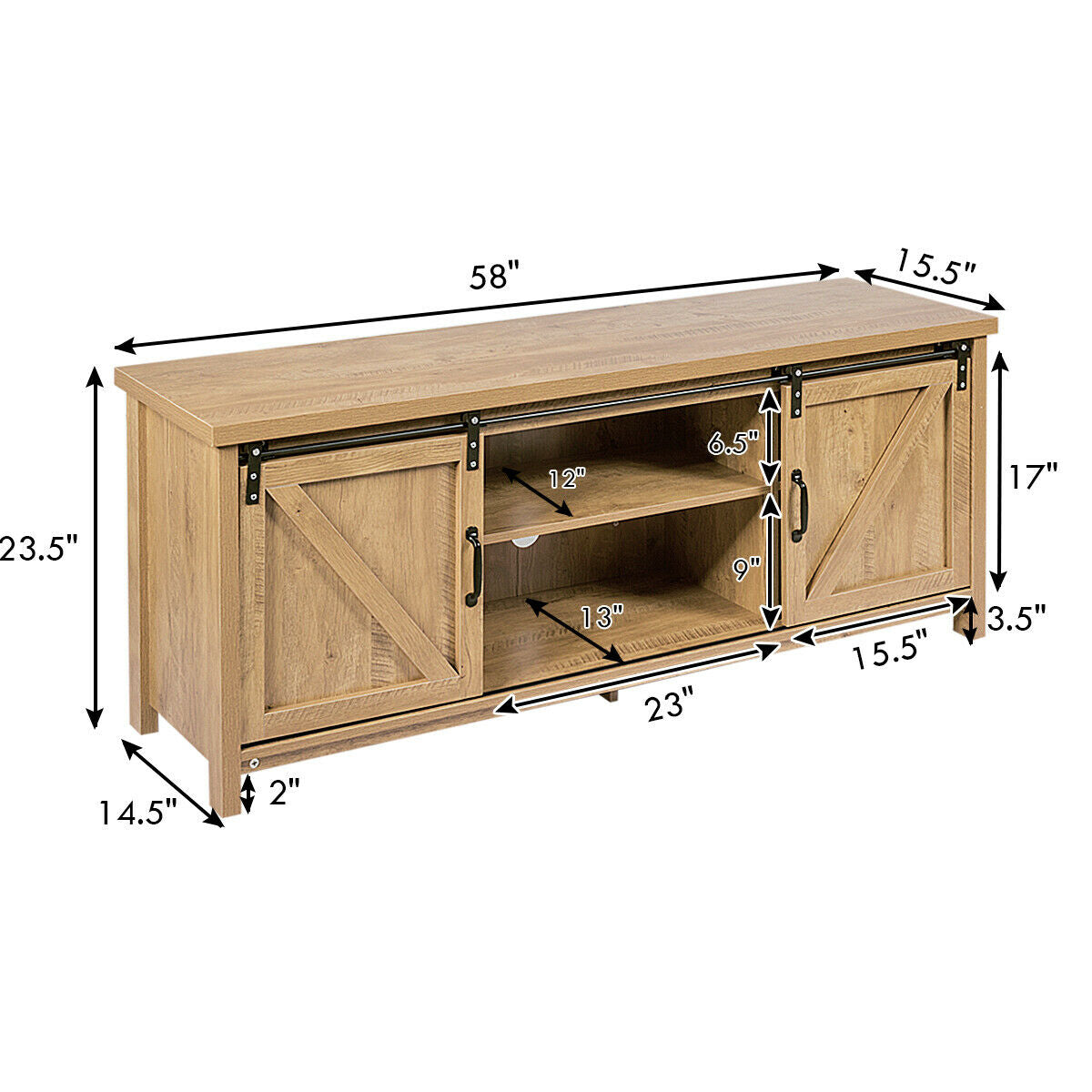 Sliding Barn Door TV Stand and Media Console Cabinet with Storage for TVs up to 65 Inches - Oak