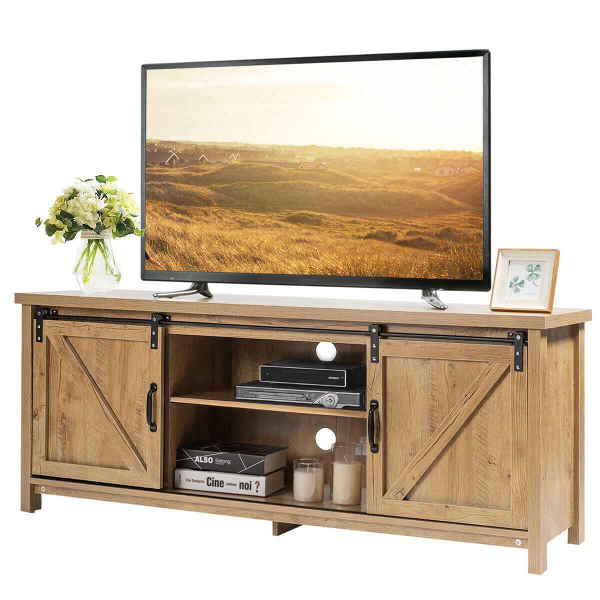 Sliding Barn Door TV Stand and Media Console Cabinet with Storage for TVs up to 65 Inches - Oak