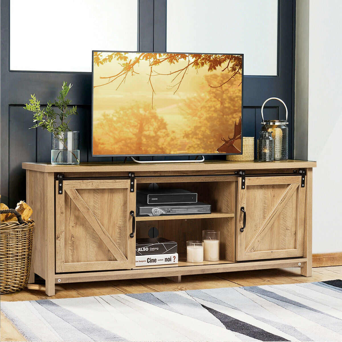Sliding Barn Door TV Stand and Media Console Cabinet with Storage for TVs up to 65 Inches - Oak