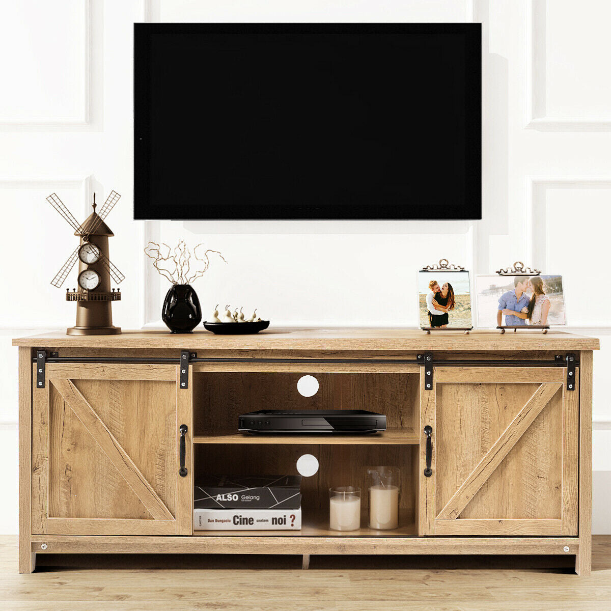 Sliding Barn Door TV Stand and Media Console Cabinet with Storage for TVs up to 65 Inches - Oak