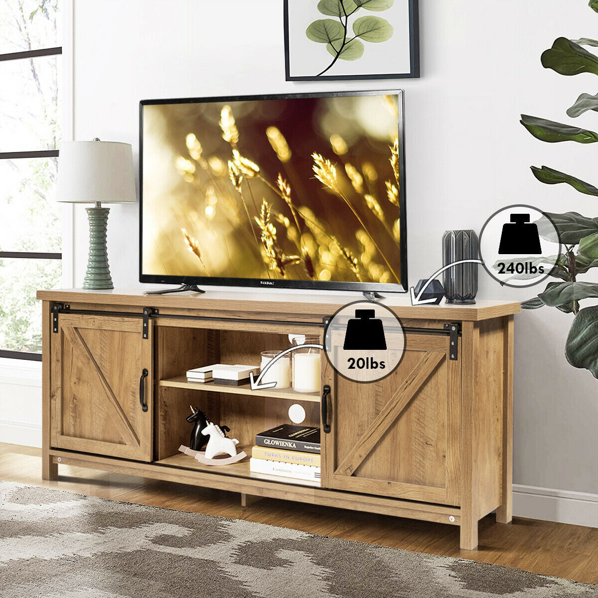 Sliding Barn Door TV Stand and Media Console Cabinet with Storage for TVs up to 65 Inches - Oak