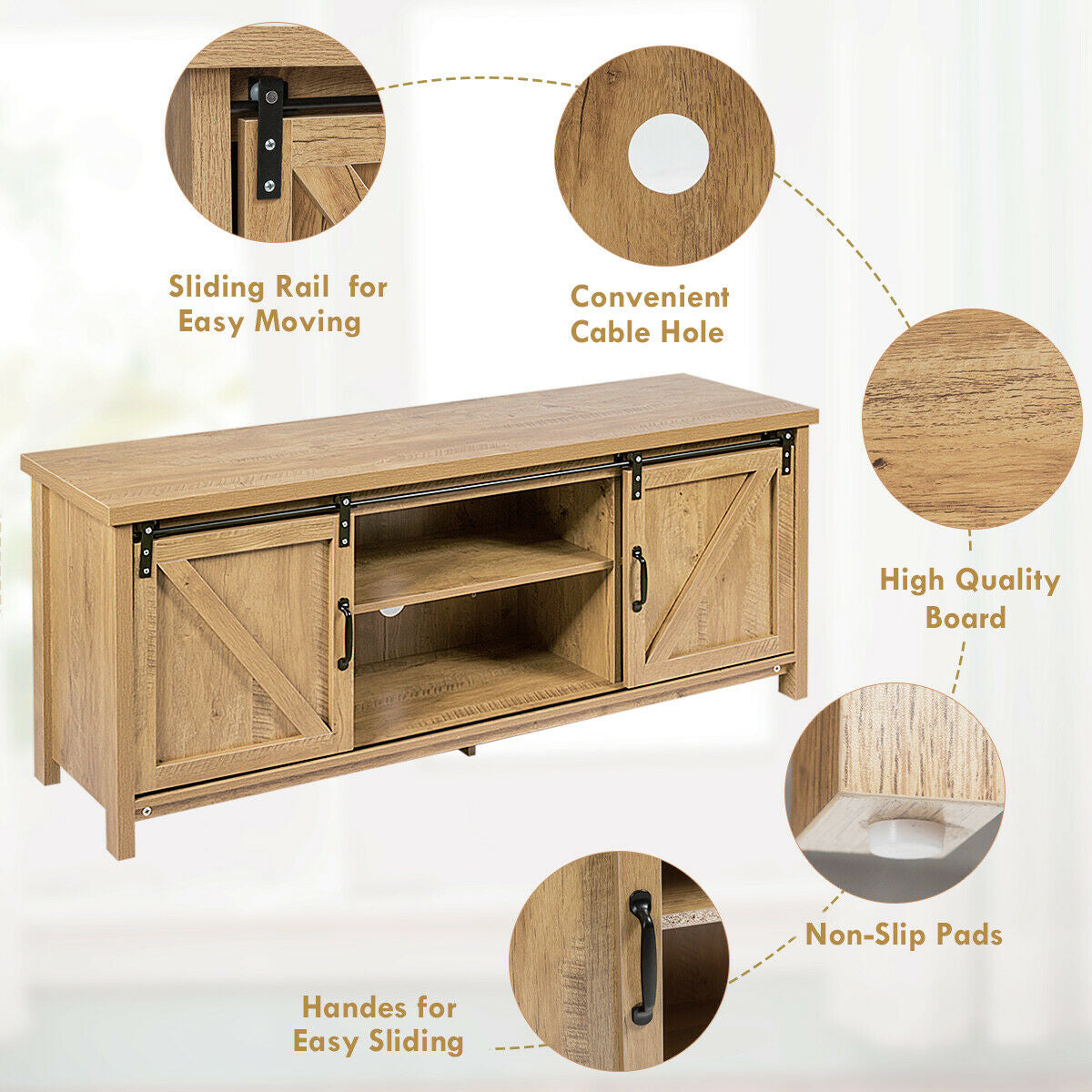 Sliding Barn Door TV Stand and Media Console Cabinet with Storage for TVs up to 65 Inches - Oak