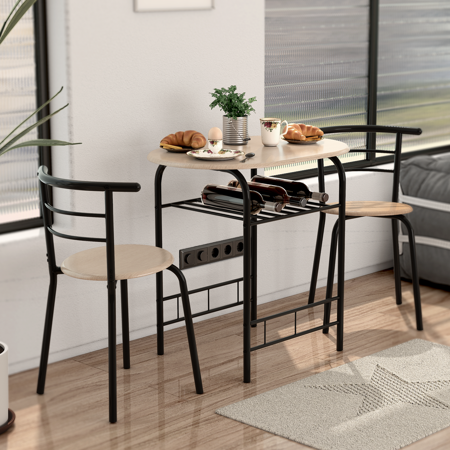 Modern 3 Piece Dining Set with Wine Rack and Two Chairs for Small Kitchen or Apartment - Natural