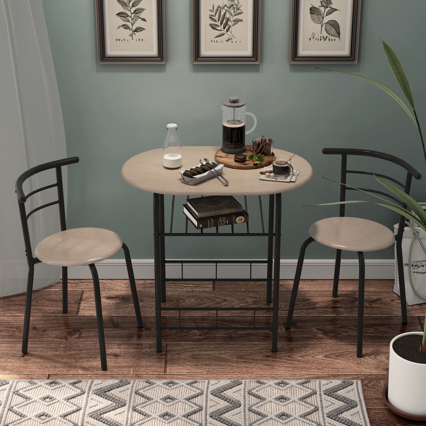 Modern 3 Piece Dining Set with Wine Rack and Two Chairs for Small Kitchen or Apartment - Natural