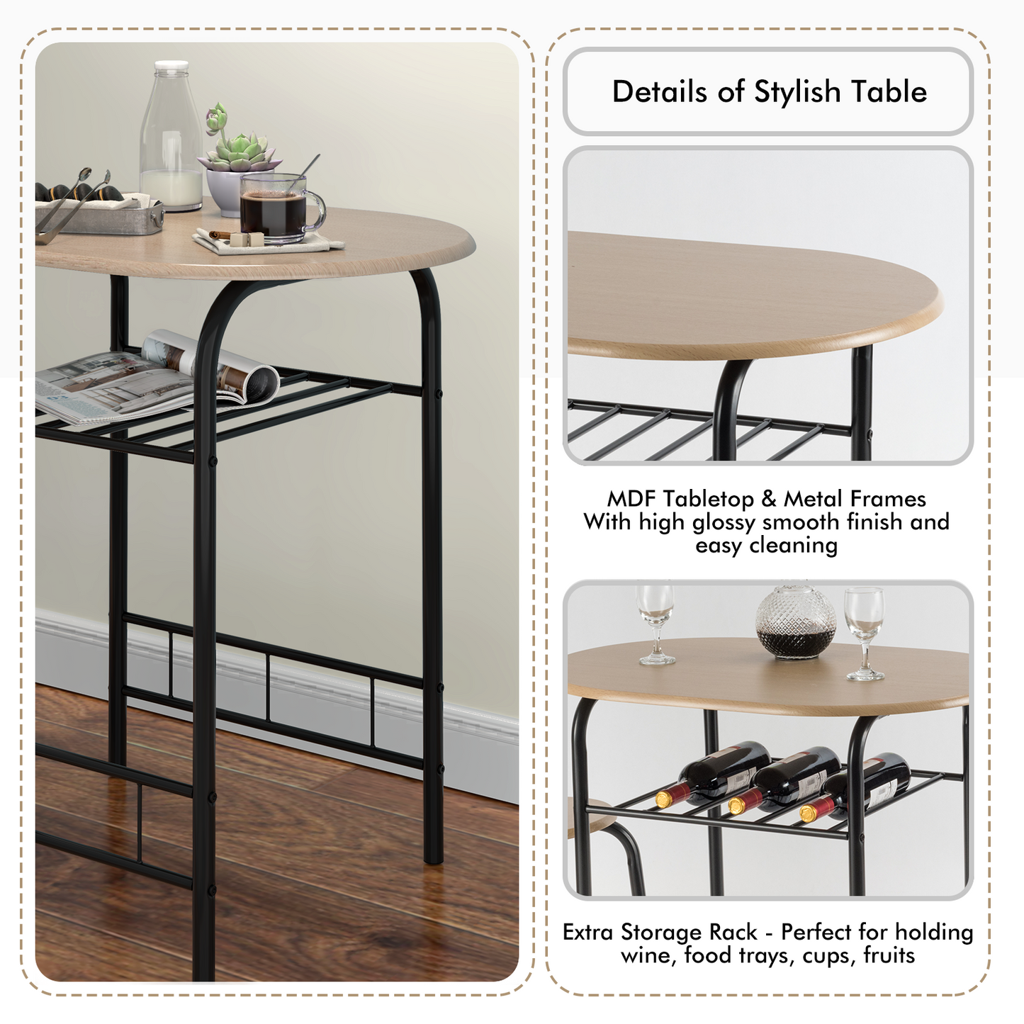 Modern 3 Piece Dining Set with Wine Rack and Two Chairs for Small Kitchen or Apartment - Natural