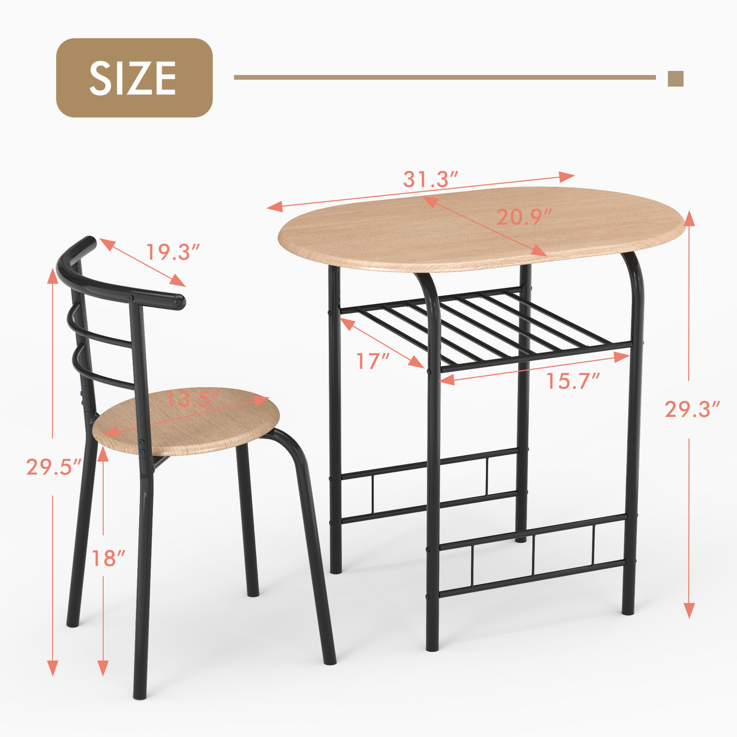 Modern 3 Piece Dining Set with Wine Rack and Two Chairs for Small Kitchen or Apartment - Natural