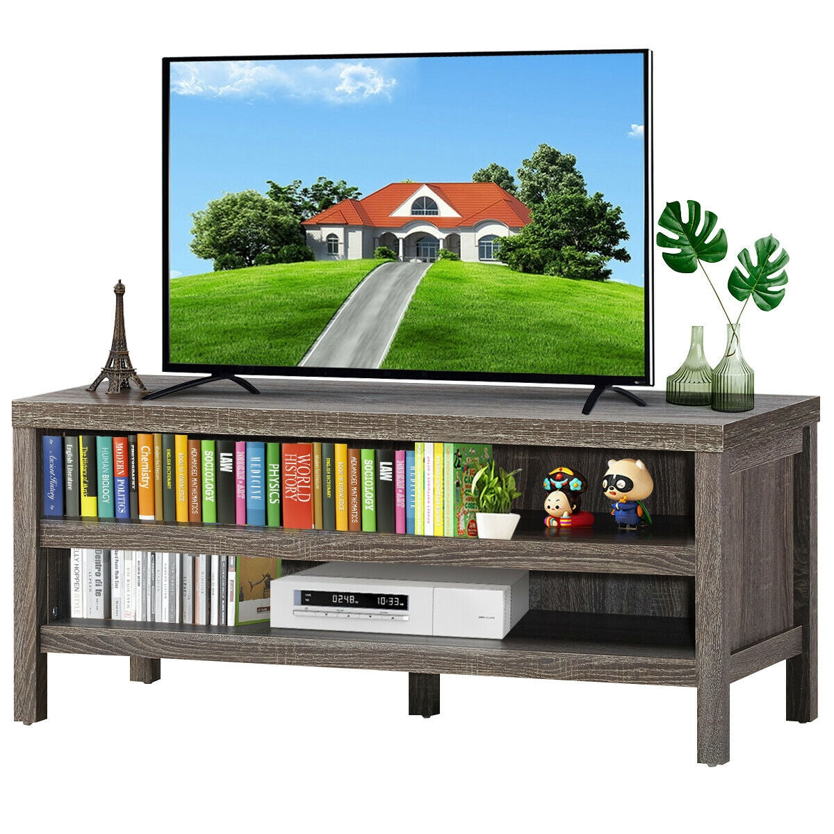 Mid Century Style TV Console with Open Shelves for 45 Inch TVs - Grey