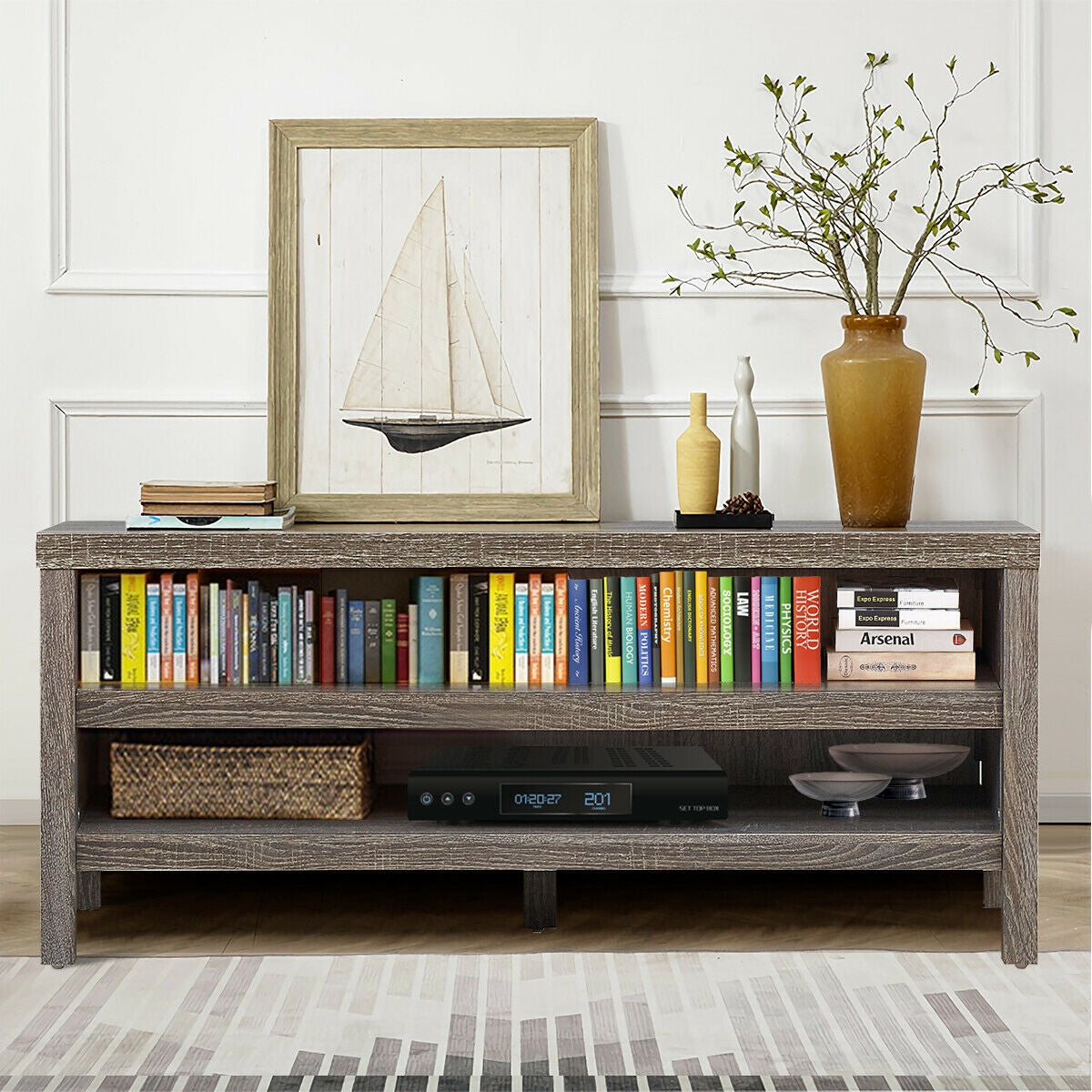 Mid Century Style TV Console with Open Shelves for 45 Inch TVs - Grey