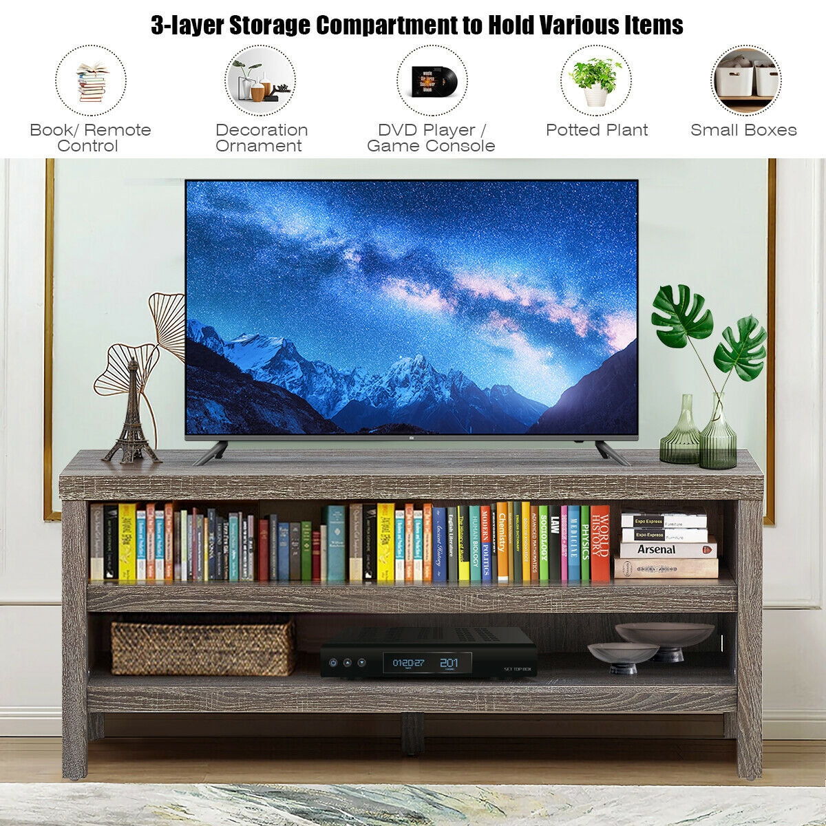 Mid Century Style TV Console with Open Shelves for 45 Inch TVs - Grey