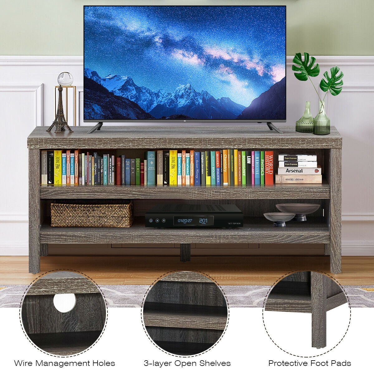 Mid Century Style TV Console with Open Shelves for 45 Inch TVs - Grey