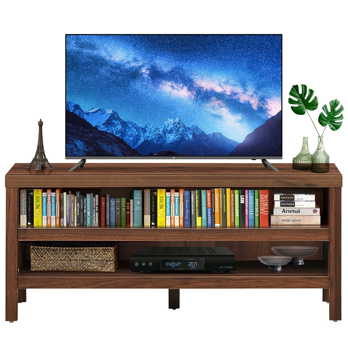 Mid Century Style TV Console with Open Shelves for 45 Inch TVs - Walnut