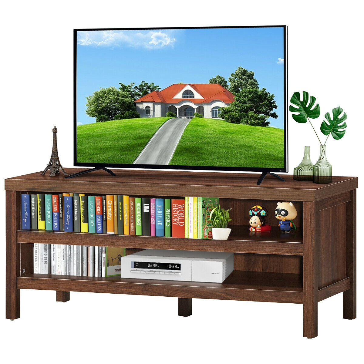 Mid Century Style TV Console with Open Shelves for 45 Inch TVs - Walnut