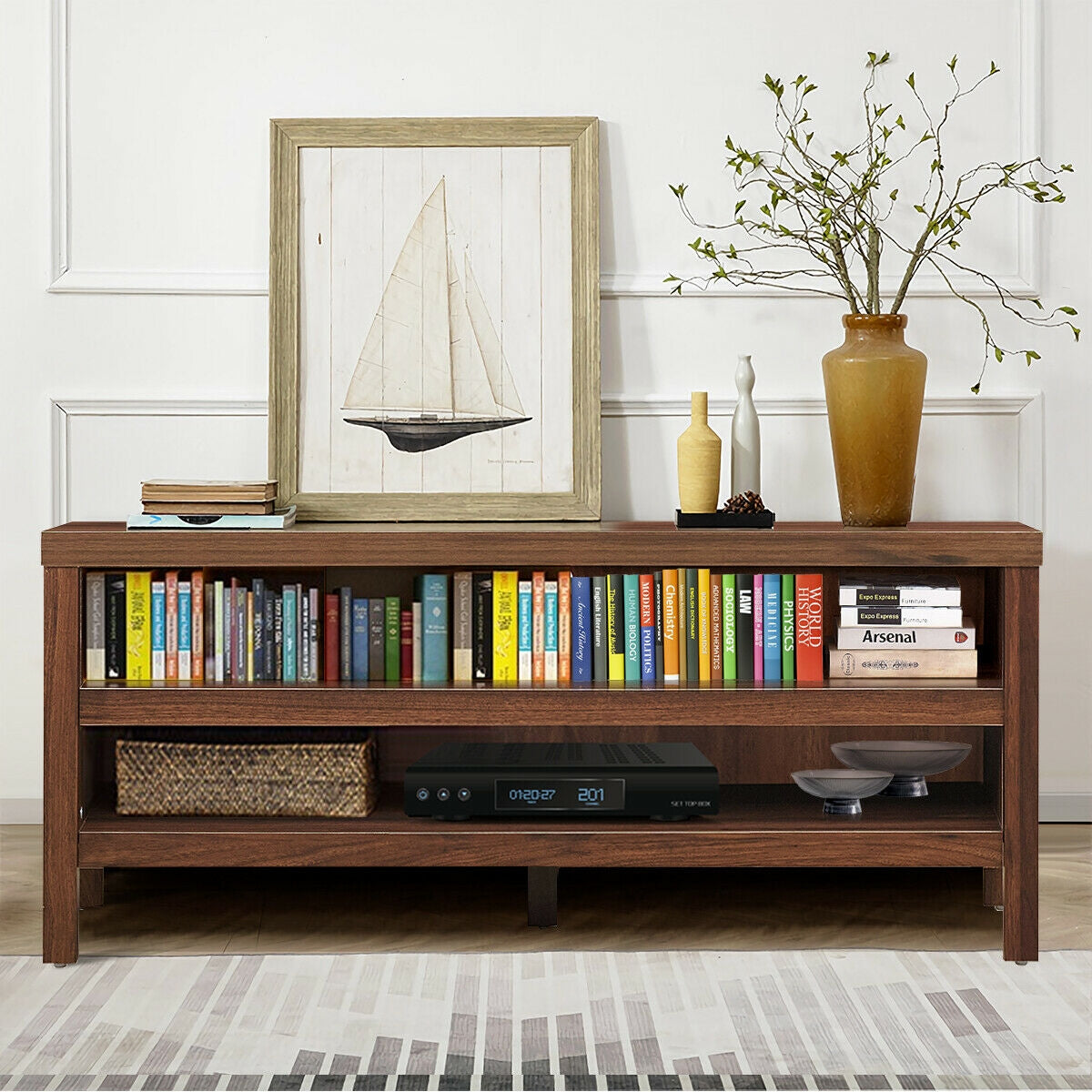 Mid Century Style TV Console with Open Shelves for 45 Inch TVs - Walnut