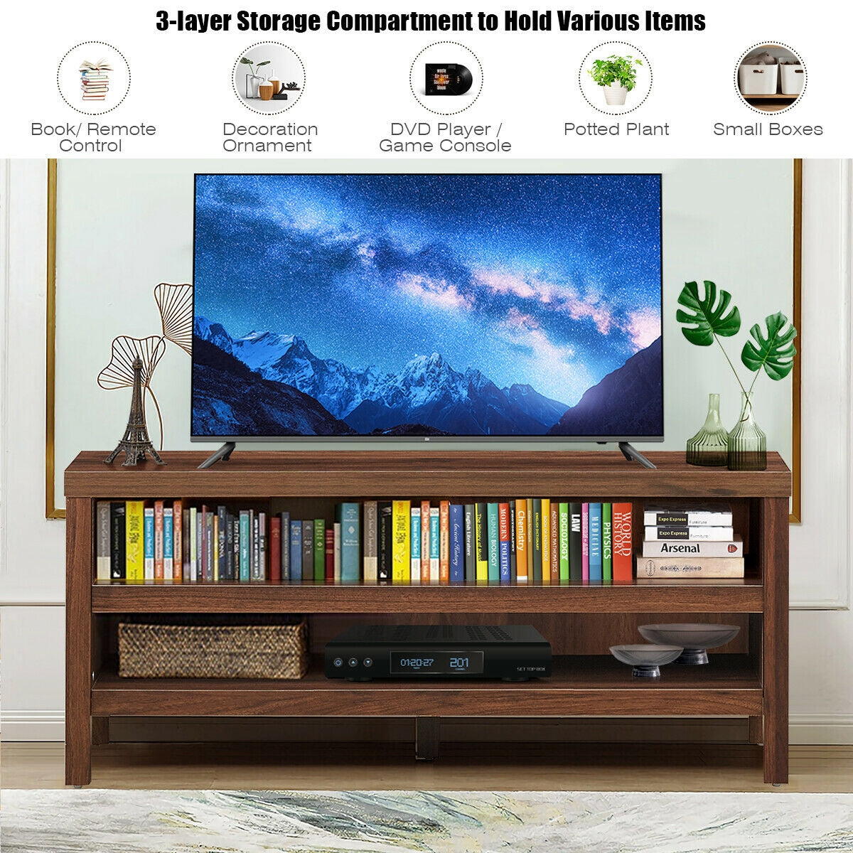 Mid Century Style TV Console with Open Shelves for 45 Inch TVs - Walnut