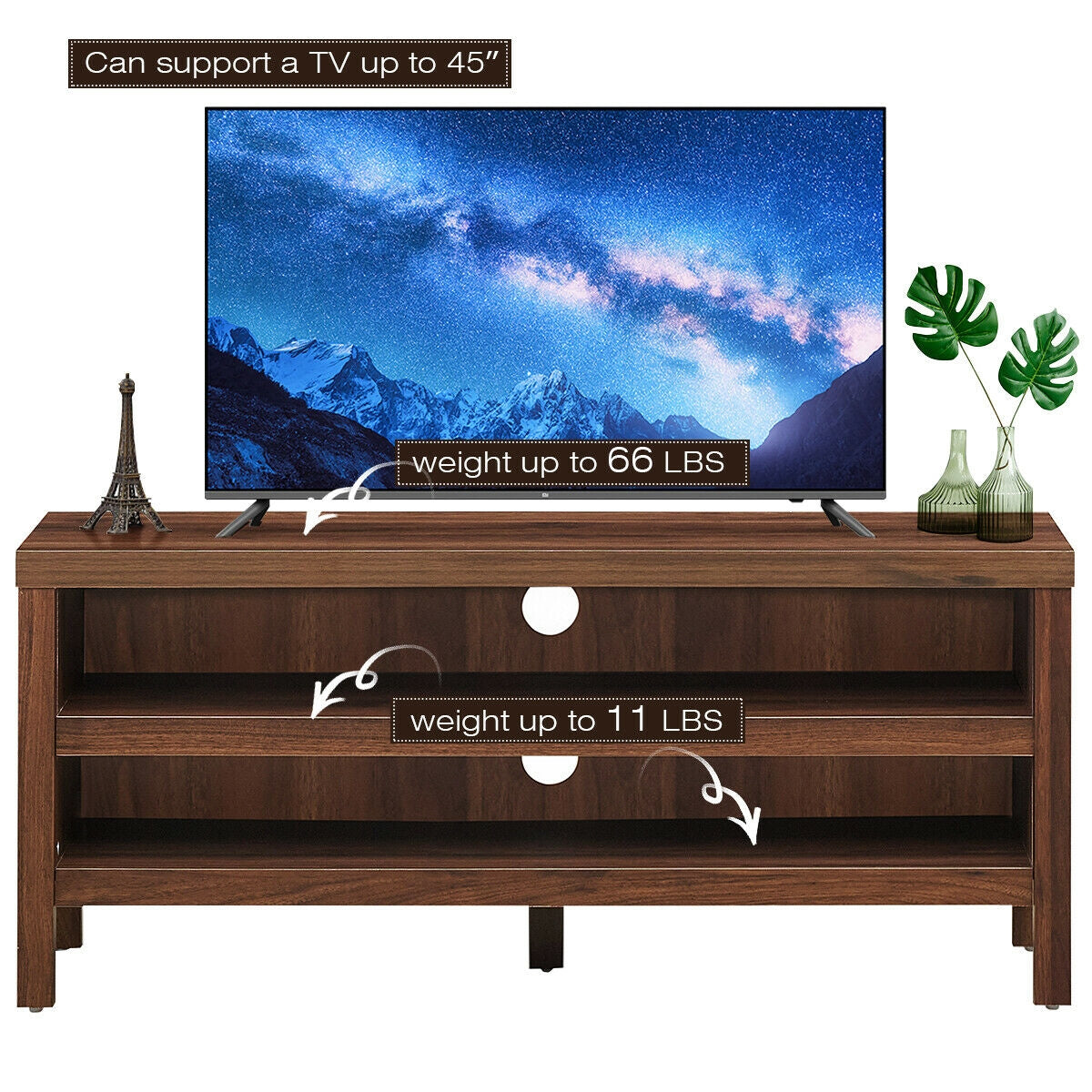 Mid Century Style TV Console with Open Shelves for 45 Inch TVs - Walnut