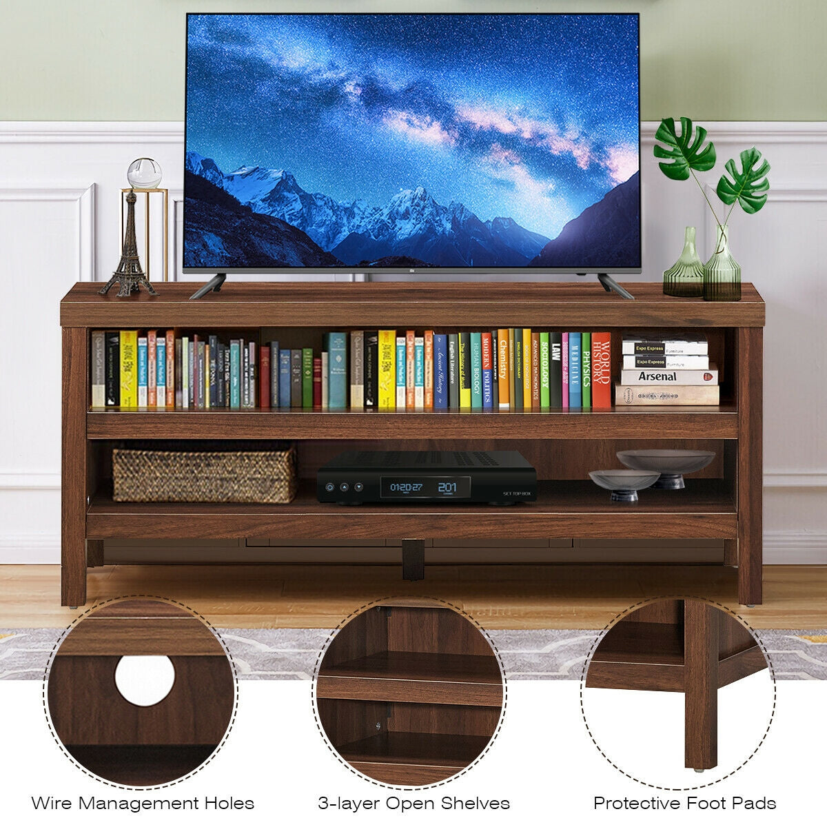 Mid Century Style TV Console with Open Shelves for 45 Inch TVs - Walnut