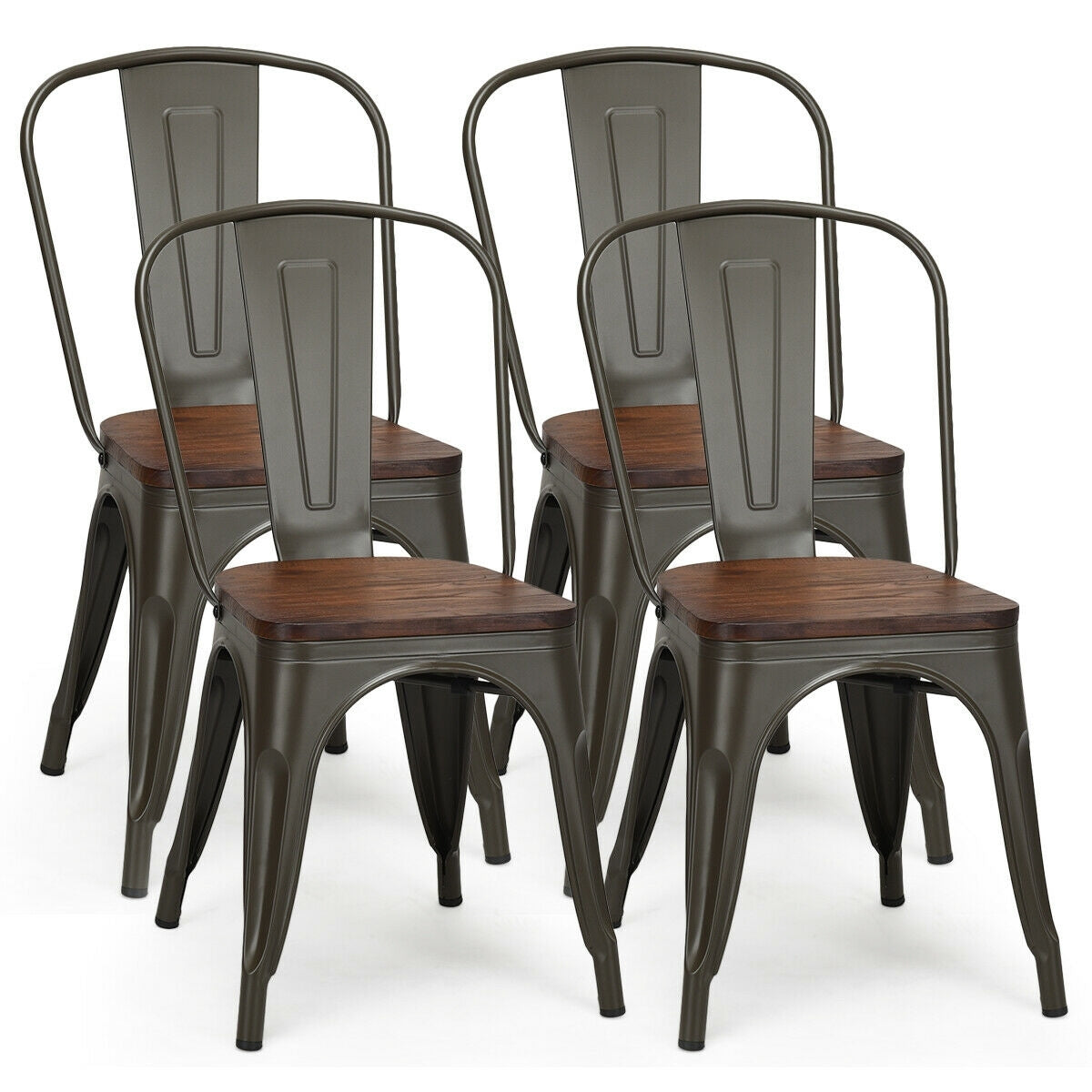 Set of 4 Stackable Metal and Wood Dining Chairs 18 Inch Seat Height - Gunmetal