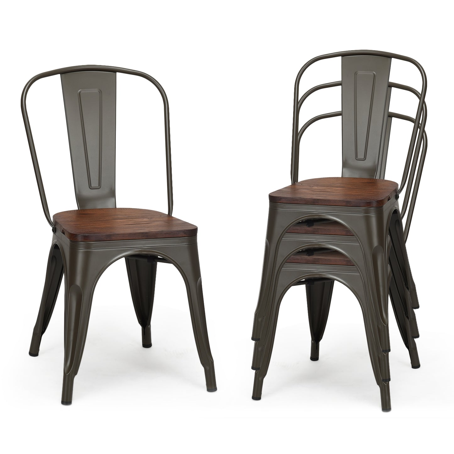 Set of 4 Stackable Metal and Wood Dining Chairs 18 Inch Seat Height - Gunmetal