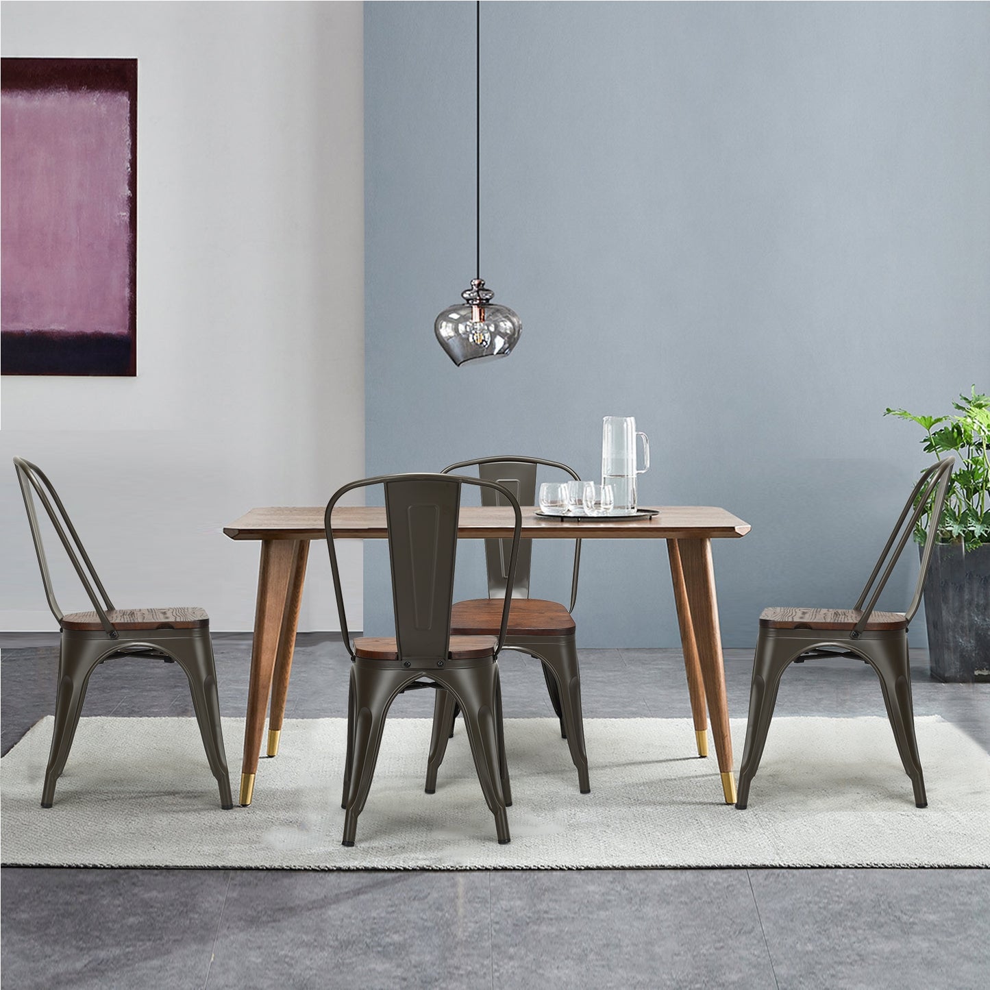 Set of 4 Stackable Metal and Wood Dining Chairs 18 Inch Seat Height - Gunmetal