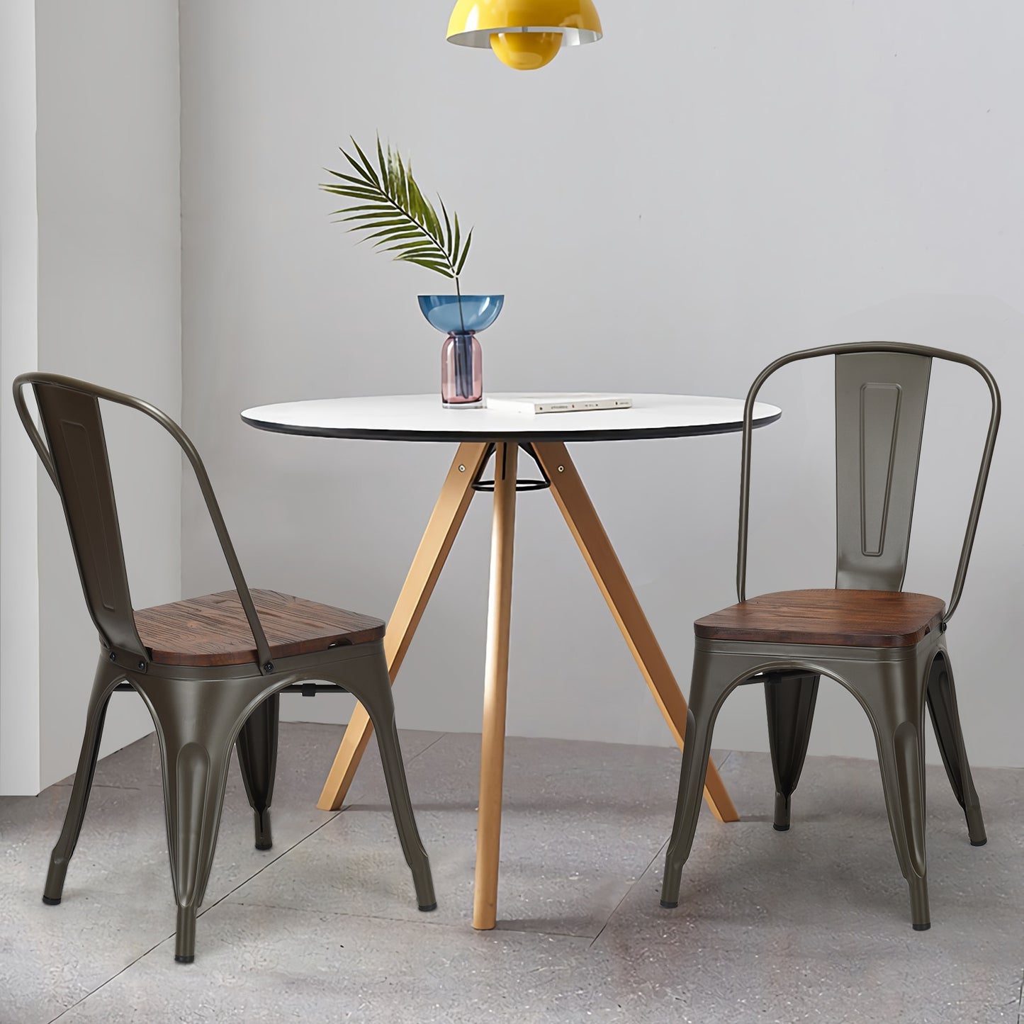 Set of 4 Stackable Metal and Wood Dining Chairs 18 Inch Seat Height - Gunmetal