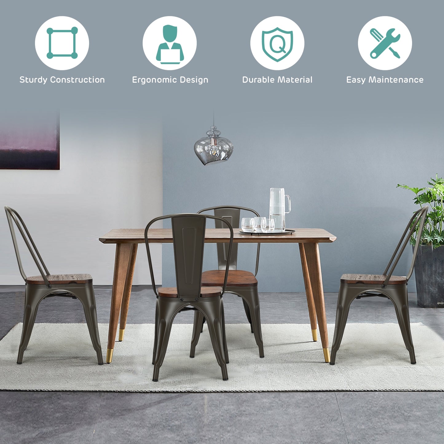 Set of 4 Stackable Metal and Wood Dining Chairs 18 Inch Seat Height - Gunmetal