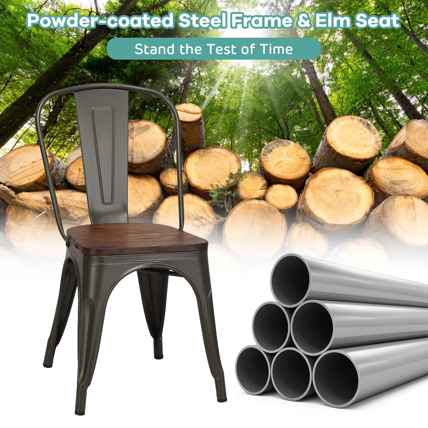 Set of 4 Stackable Metal and Wood Dining Chairs 18 Inch Seat Height - Gunmetal
