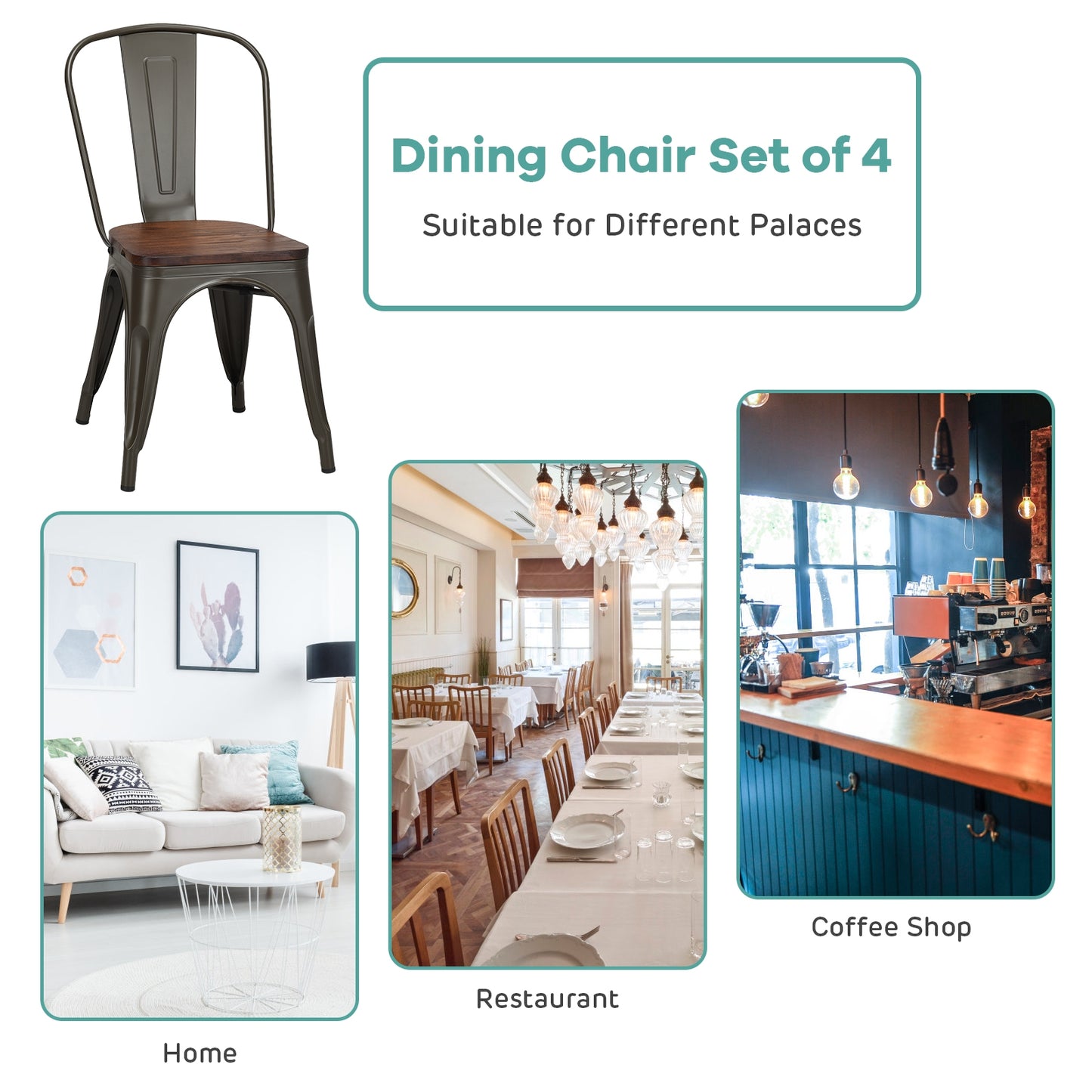 Set of 4 Stackable Metal and Wood Dining Chairs 18 Inch Seat Height - Gunmetal