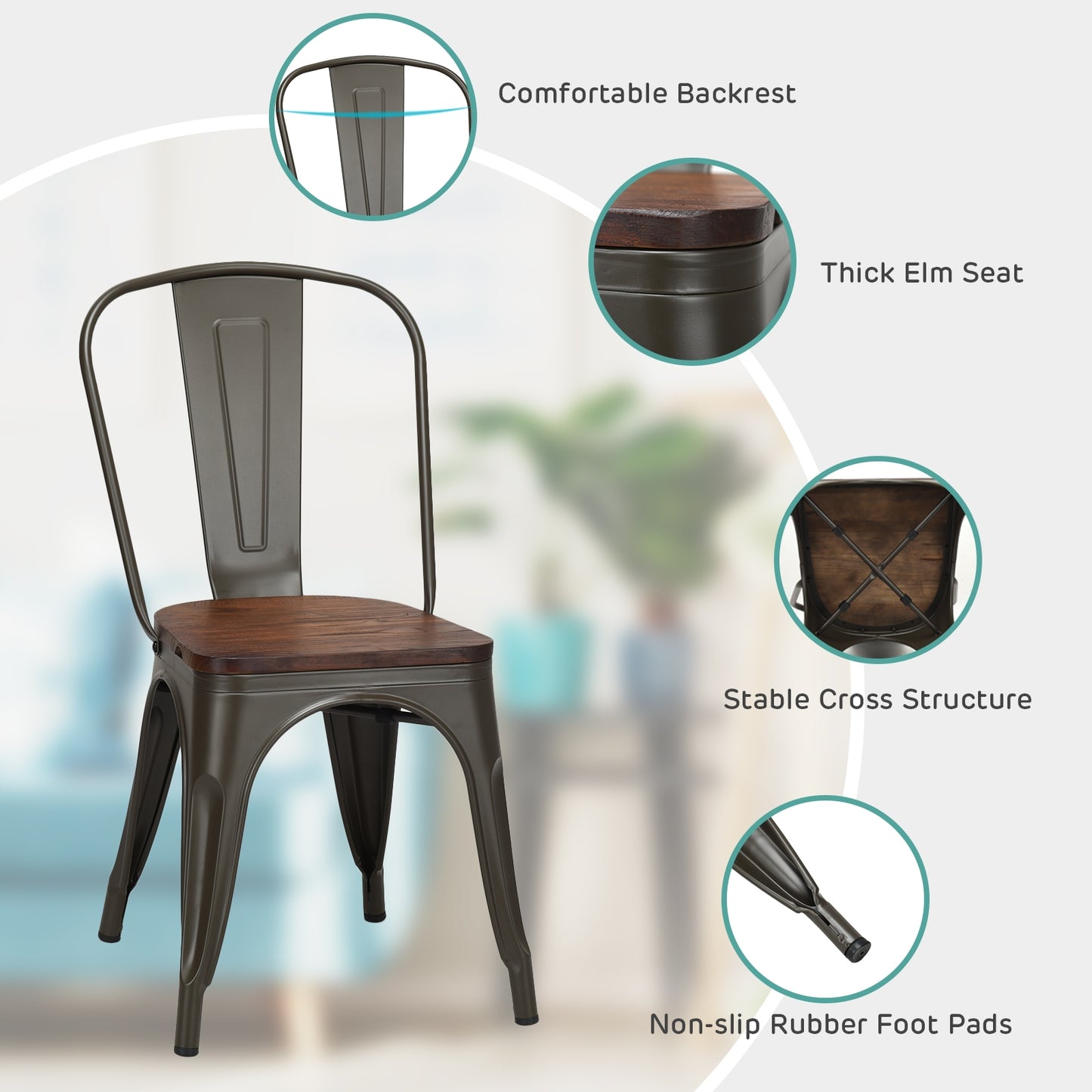 Set of 4 Stackable Metal and Wood Dining Chairs 18 Inch Seat Height - Gunmetal