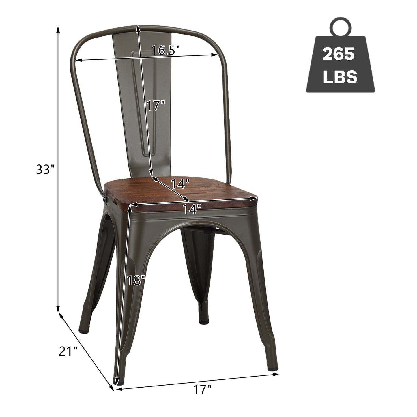 Set of 4 Stackable Metal and Wood Dining Chairs 18 Inch Seat Height - Gunmetal