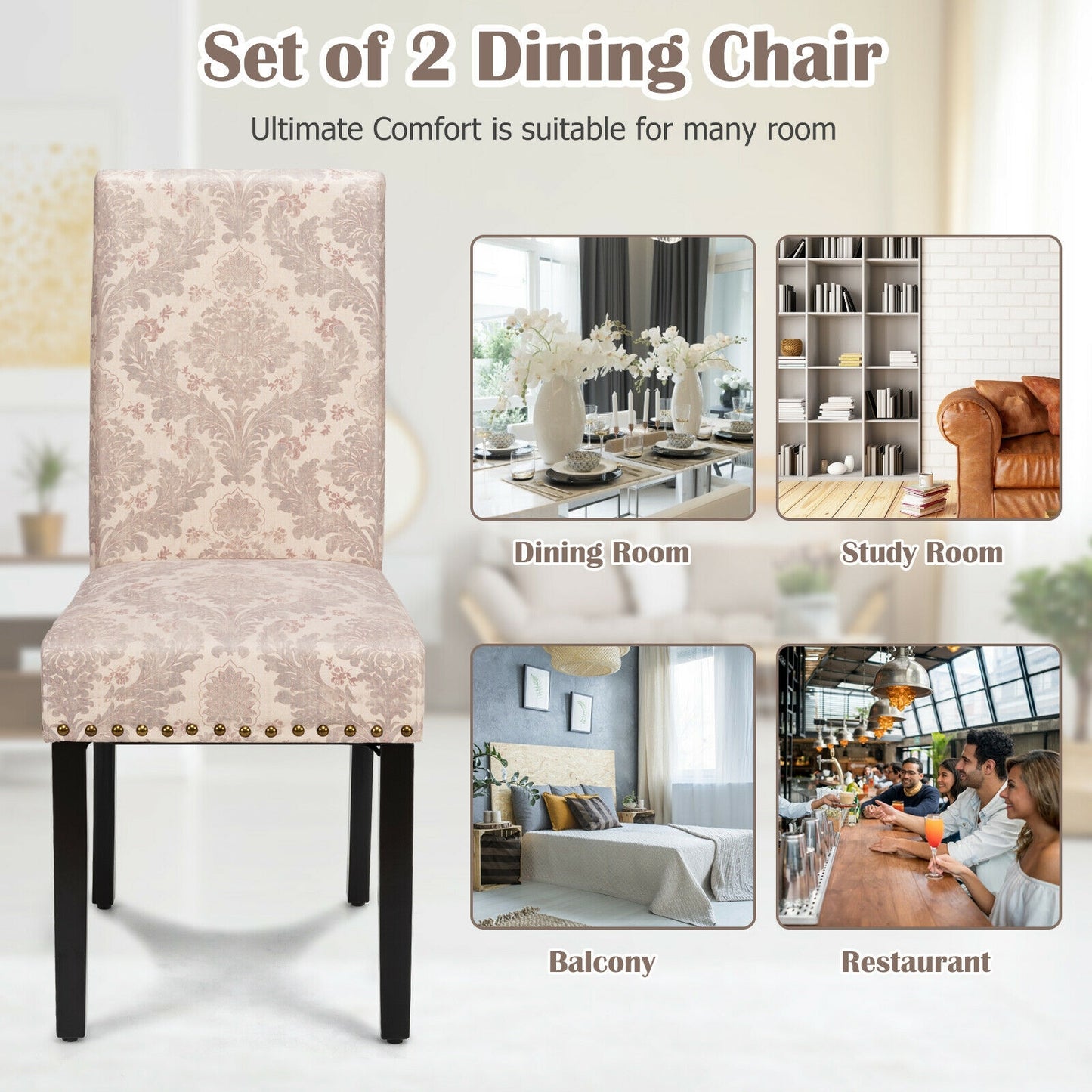 Set of 2 Stylish Upholstered Dining Chairs with Nailhead Accents - Pink