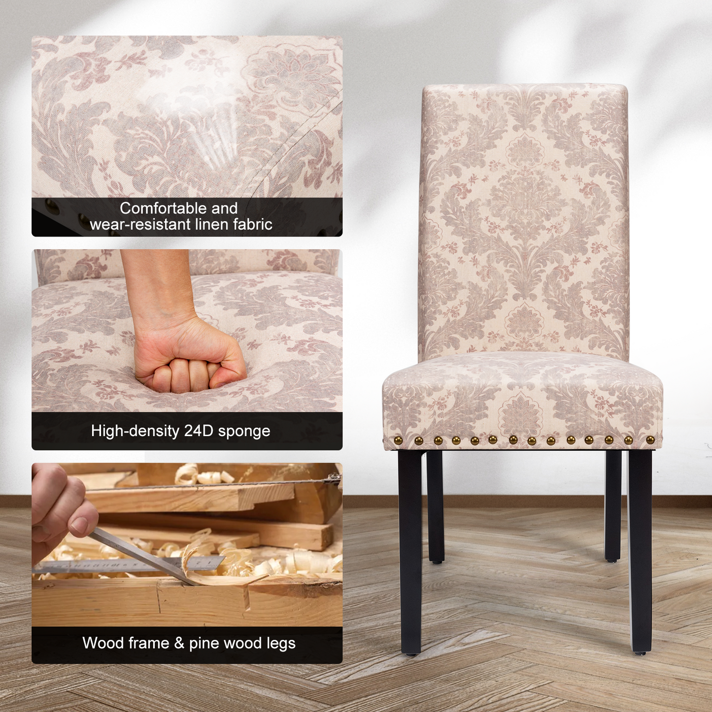 Set of 2 Stylish Upholstered Dining Chairs with Nailhead Accents - Pink
