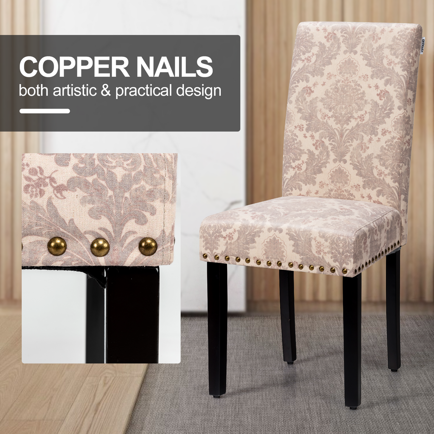 Set of 2 Stylish Upholstered Dining Chairs with Nailhead Accents - Pink