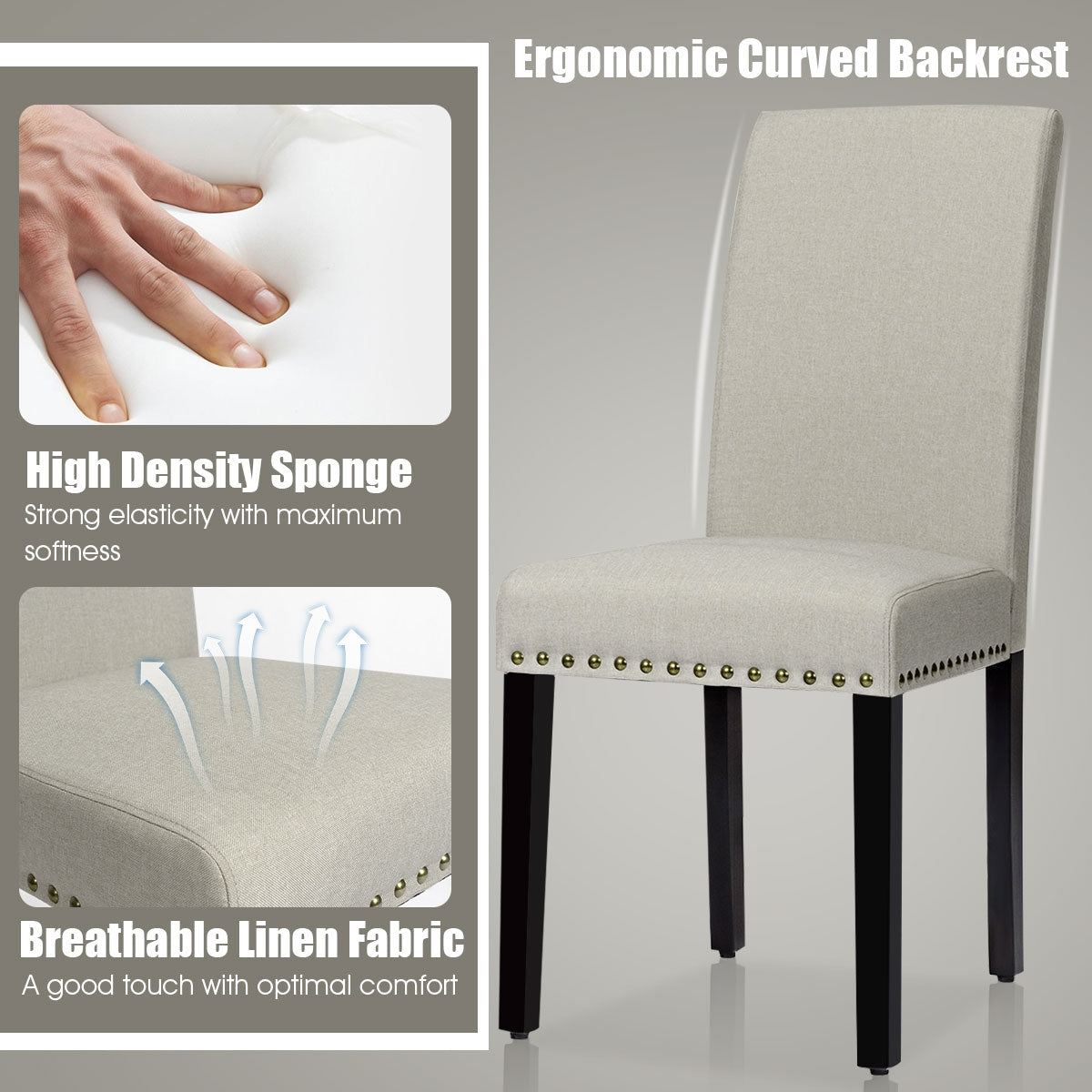 Set of 2 Stylish Upholstered Dining Chairs with Nailhead Accents - Beige