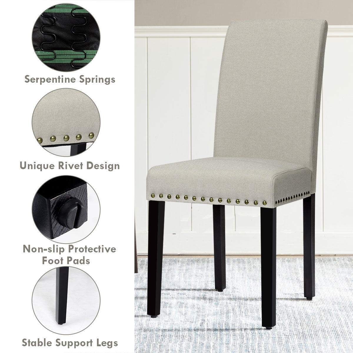 Set of 2 Stylish Upholstered Dining Chairs with Nailhead Accents - Beige