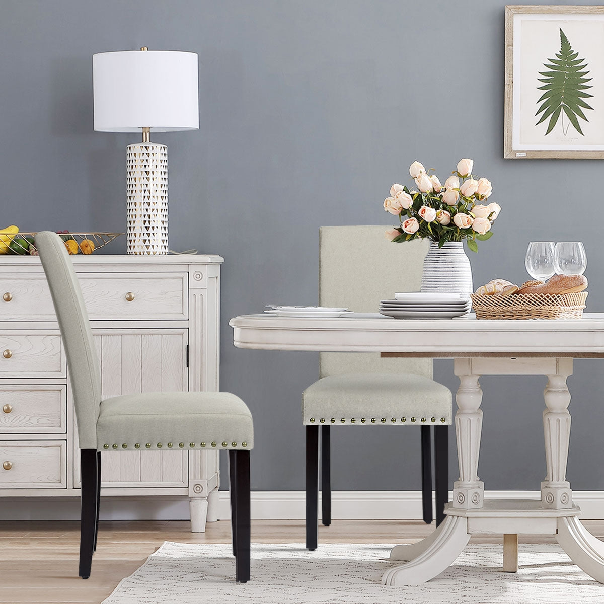Set of 2 Stylish Upholstered Dining Chairs with Nailhead Accents - Beige