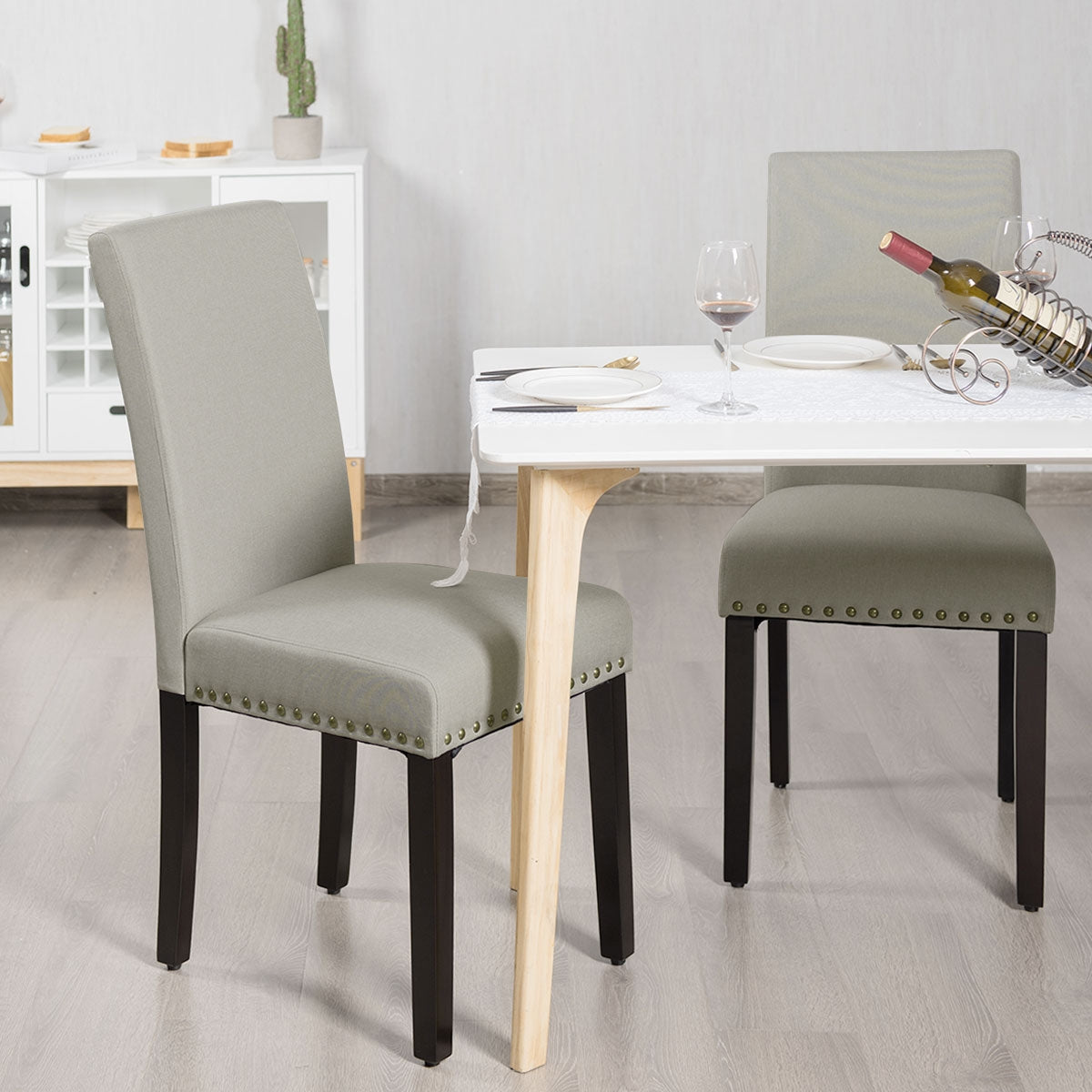 Set of 2 Stylish Upholstered Dining Chairs with Nailhead Accents - Beige