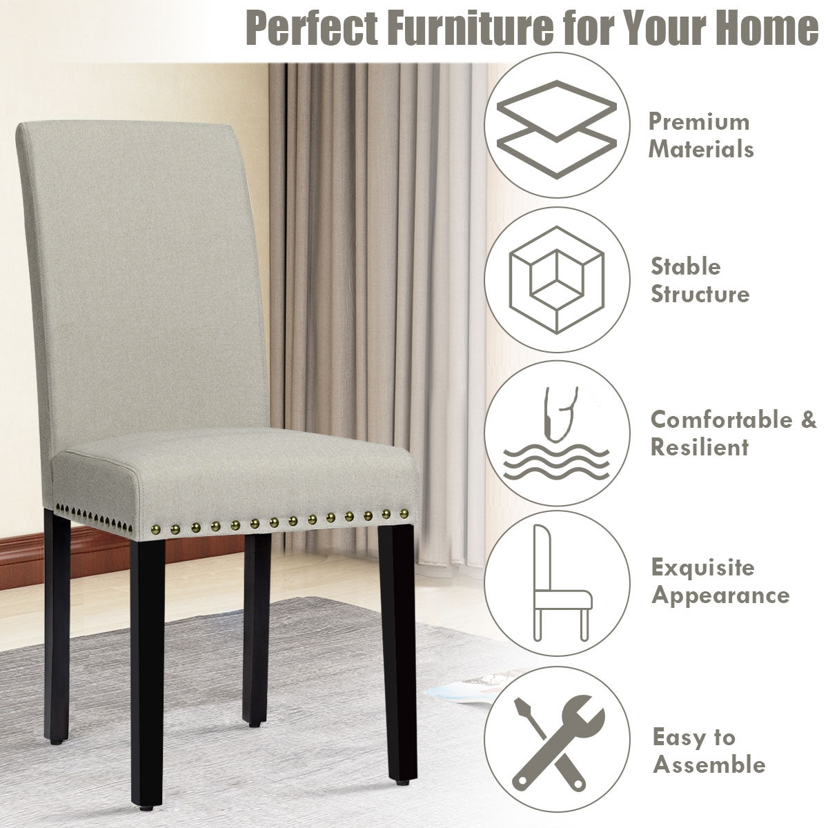Set of 2 Stylish Upholstered Dining Chairs with Nailhead Accents - Beige