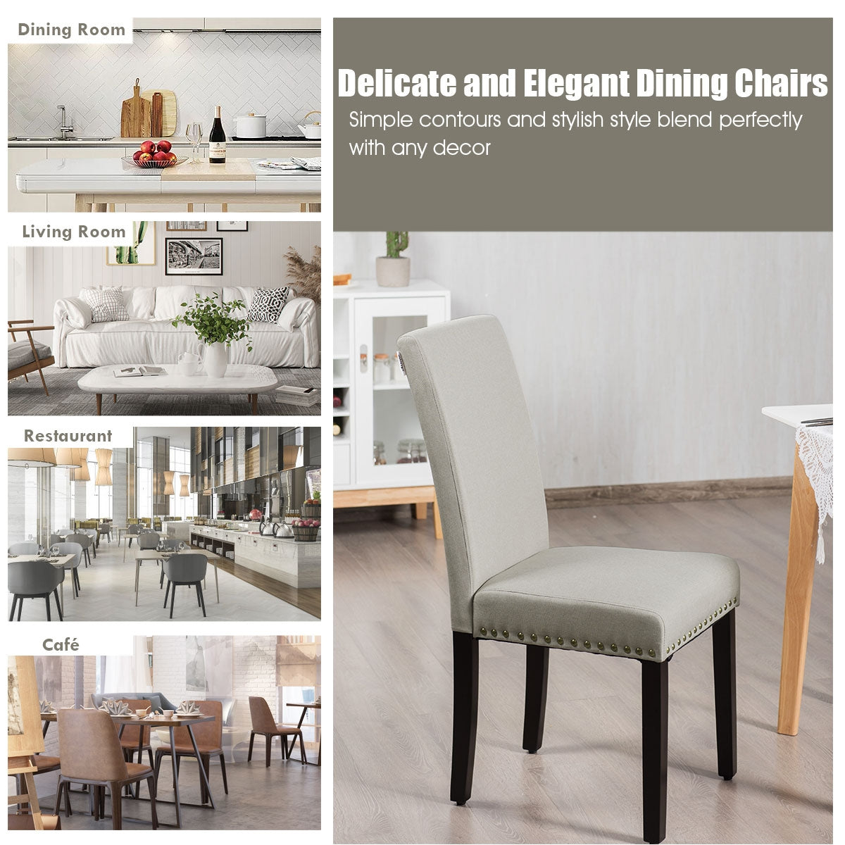 Set of 2 Stylish Upholstered Dining Chairs with Nailhead Accents - Beige