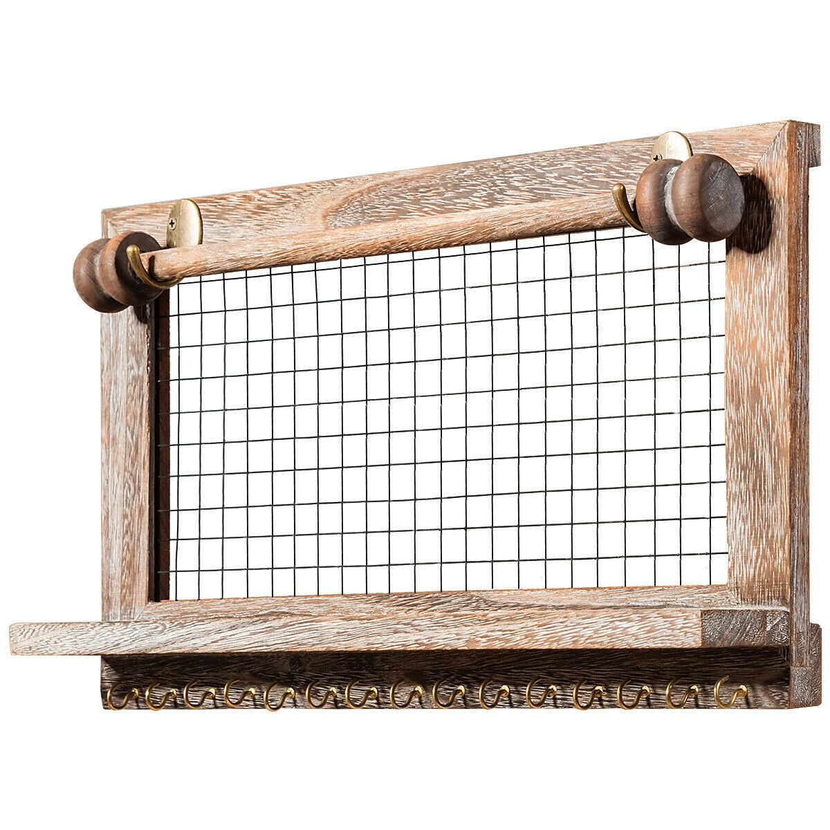 Decorative Wood Wall Jewelry Rack with Mesh Hooks and Removable Rod for Bracelets and Accessories