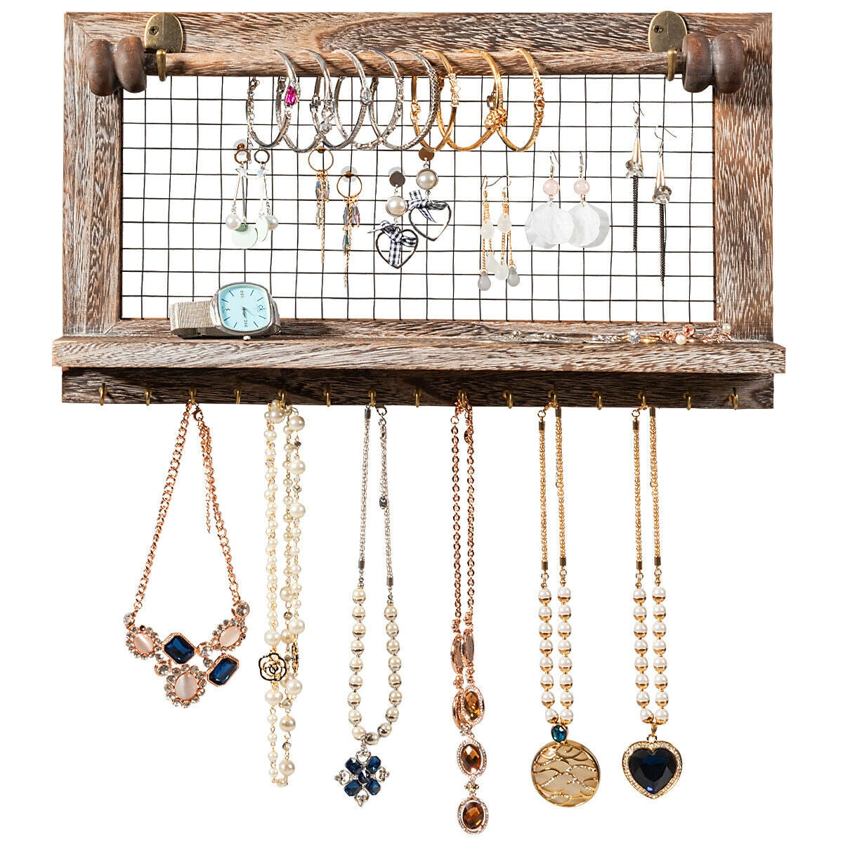 Decorative Wood Wall Jewelry Rack with Mesh Hooks and Removable Rod for Bracelets and Accessories