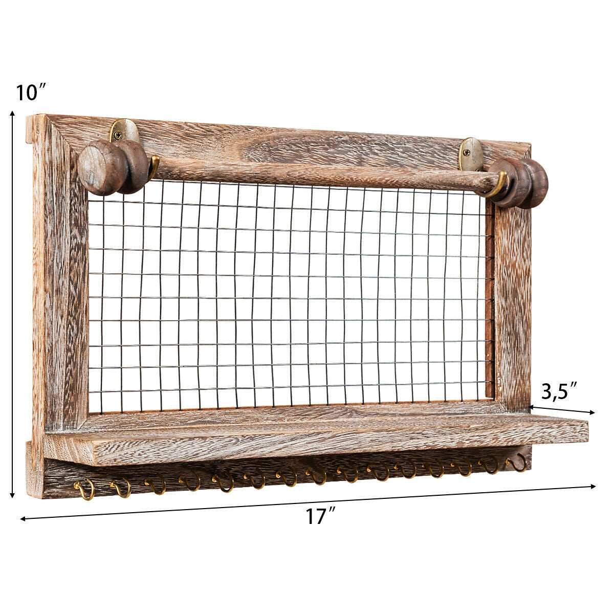Decorative Wood Wall Jewelry Rack with Mesh Hooks and Removable Rod for Bracelets and Accessories