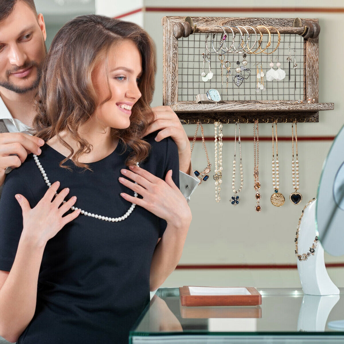 Decorative Wood Wall Jewelry Rack with Mesh Hooks and Removable Rod for Bracelets and Accessories
