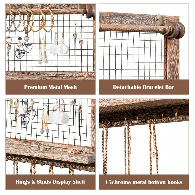 Decorative Wood Wall Jewelry Rack with Mesh Hooks and Removable Rod for Bracelets and Accessories