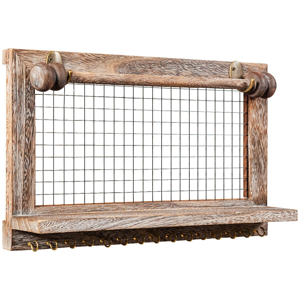 Decorative Wood Wall Jewelry Rack with Mesh Hooks and Removable Rod for Bracelets and Accessories